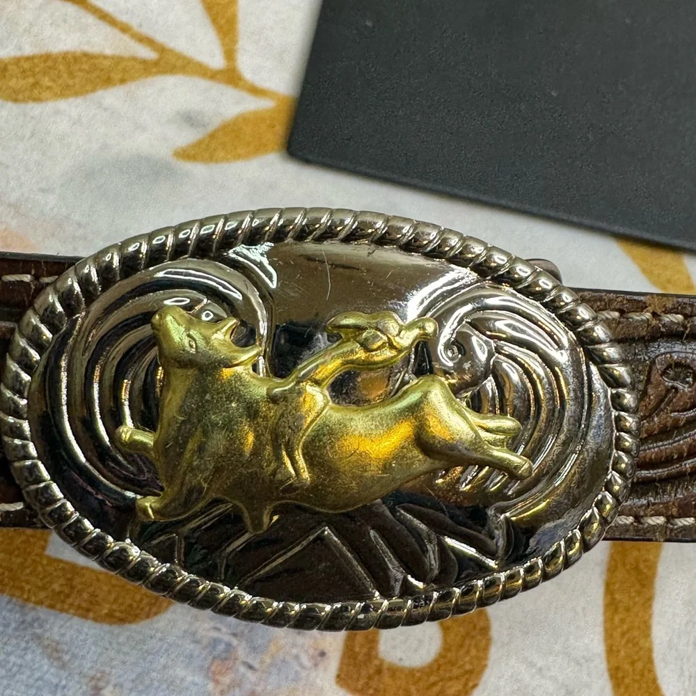 Brown Nocona Leather Belt with Gold and Silver Bullrider Buckle